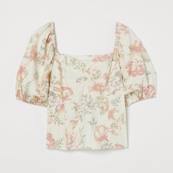 H&M Sweetheart Neckline Linen Blend Dainty Top Floral Puff Sleeves size 6 S/M - Picture 5 of 14